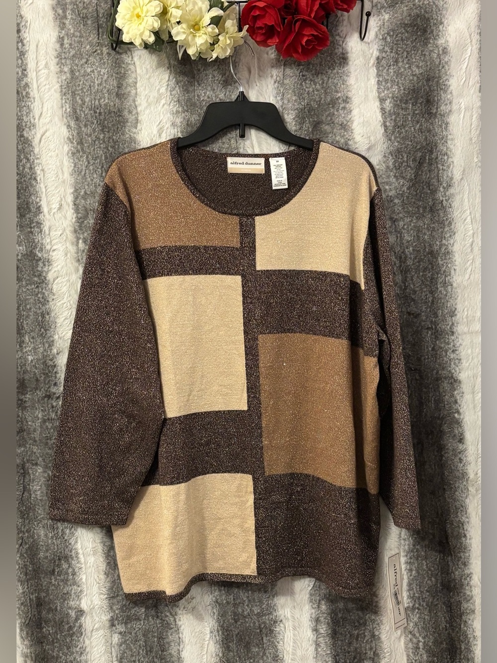 Alfred Dunner Metallic Block Crewneck Tunic-Brown Cream size 2X